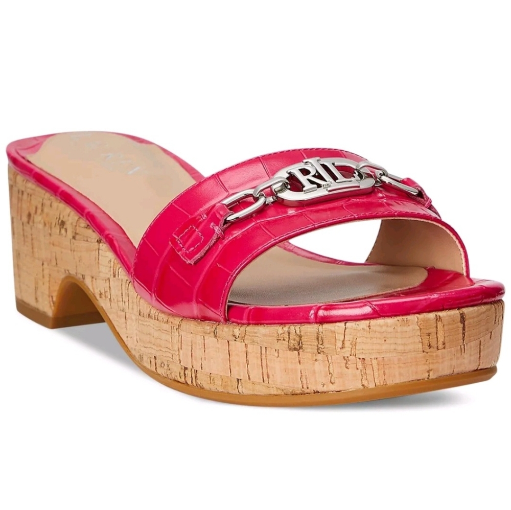 Pink Cork Wedge Sandals with Metallic Accent Worn1x